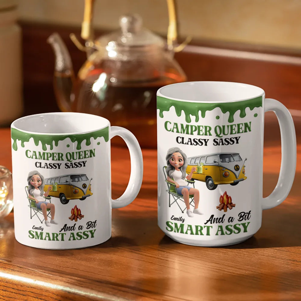 Gift For Women, Gift For Yourself, Camping, Campsite, Happy - Camper Queen Classy Sassy - Personalized White Edge-to-Edge Mug