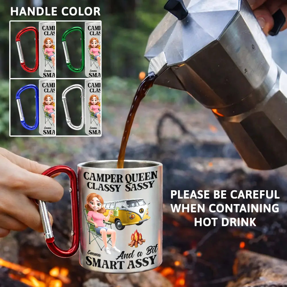 Campsite,Camping,Funny,Gift For Women,Gift For Yourself - Camper Queen Classy Sassy 3D Effect - Personalized Carabiner Mug