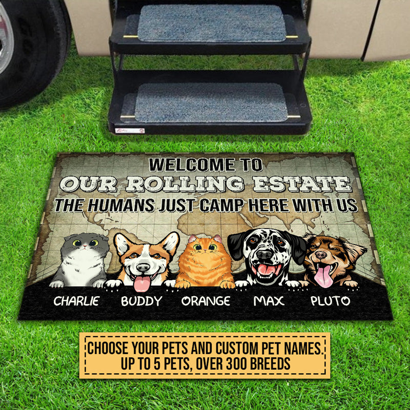 Camping Dog, Cat, Pet, Camper, RVs, Welcome Rolling Estate Custom Doormat