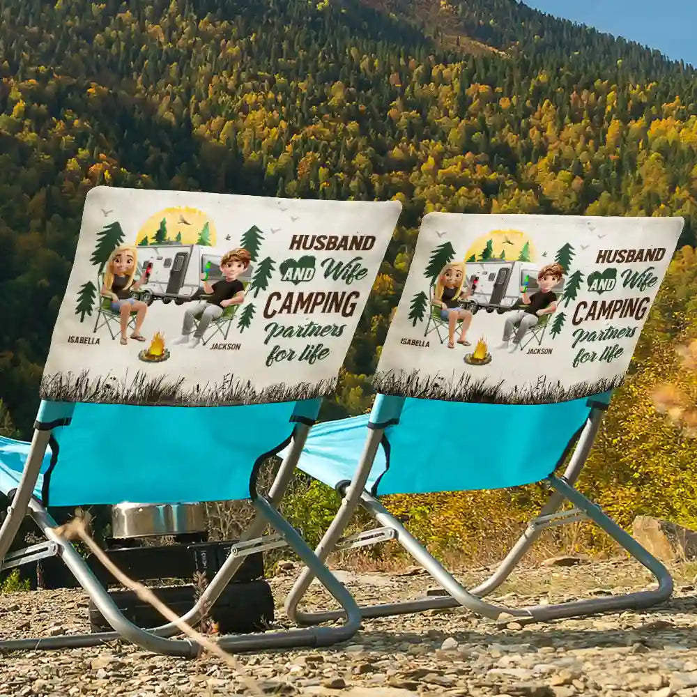 Gift For Couples, Gift For Husband, Gift For Wife, Gift For Men, Gift For Women, Camping, Happy, Summer - Camping Couple Husband And Wife Camping Partners For Life - Personalized Folding Chair Cover