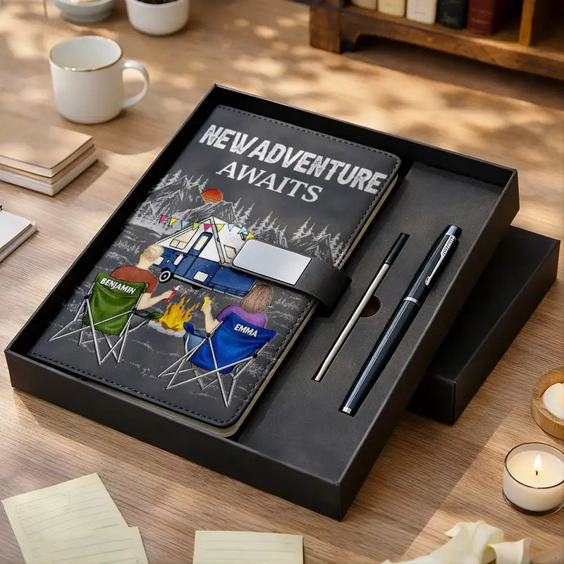 Gift For Couples,Old Couples,Gift For Husband,Gift For Wife,Gift For Boyfriend,Gift For Girlfriend,LGBT,Camping,Love,Travel - Camping Couple The Adventure Book - Personalized Leather Notebook Set