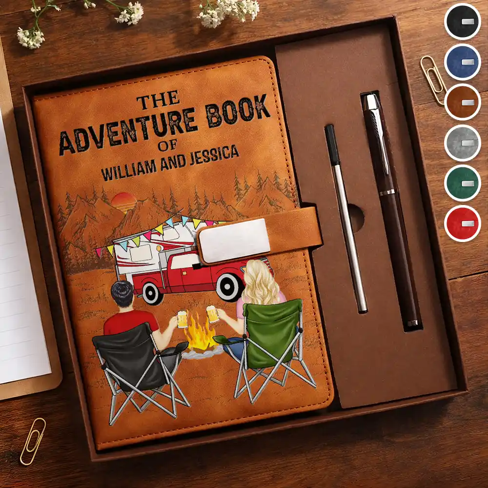 Camping Couple The Adventure Book - Personalized Leather Notebook Set