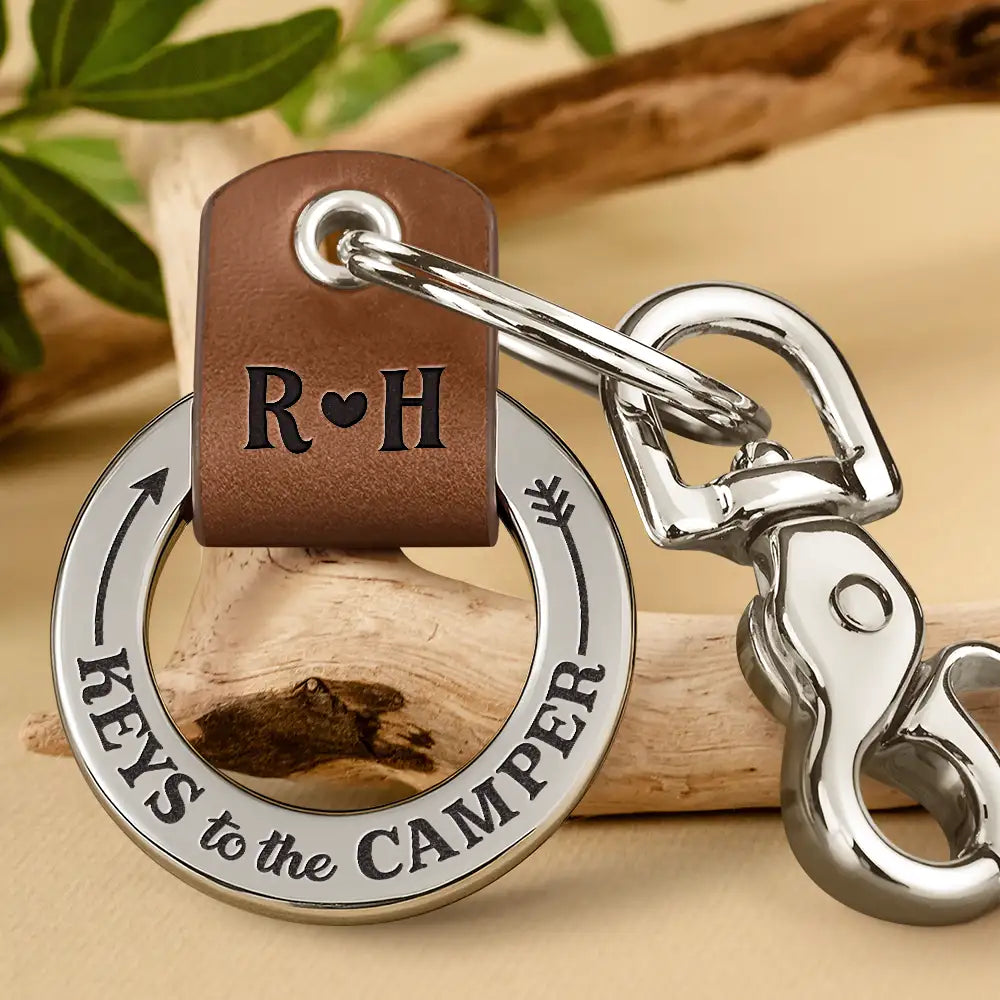 Gift For Father, Gift For Husband, Camping, Campsite, Funny - Camping Dad Mom Keys To The Camper Monogram Initial - Personalized Leather Coordinates Keychain