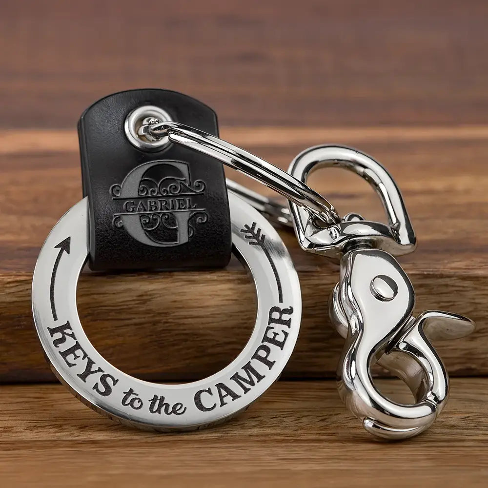 Gift For Father, Gift For Husband, Camping, Campsite, Funny - Camping Dad Mom Keys To The Camper Monogram Initial - Personalized Leather Coordinates Keychain