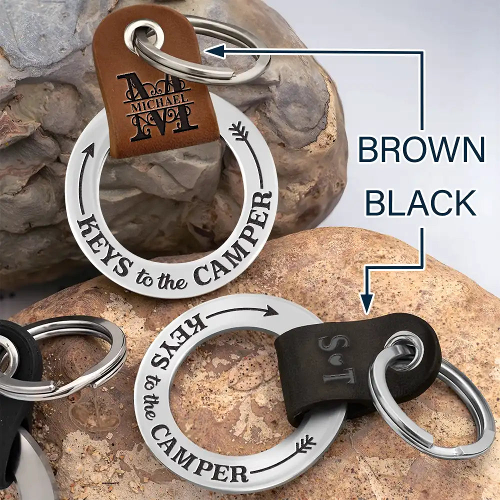 Gift For Father, Gift For Husband, Camping, Campsite, Funny - Camping Dad Mom Keys To The Camper Monogram Initial - Personalized Leather Coordinates Keychain