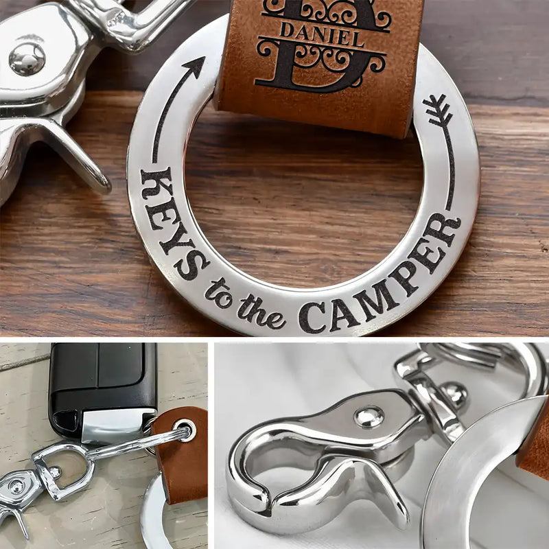 Gift For Father, Gift For Husband, Camping, Campsite, Funny - Camping Dad Mom Keys To The Camper Monogram Initial - Personalized Leather Coordinates Keychain