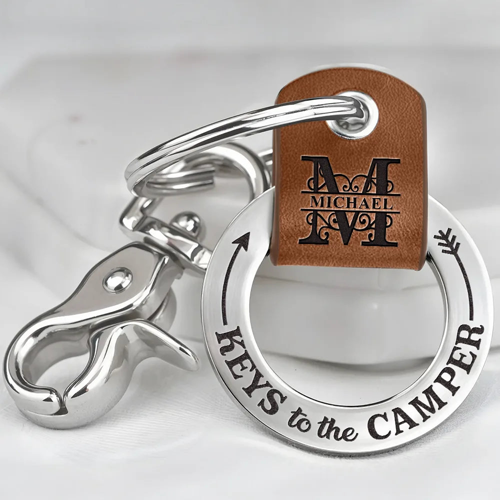 Gift For Father, Gift For Husband, Camping, Campsite, Funny - Camping Dad Mom Keys To The Camper Monogram Initial - Personalized Leather Coordinates Keychain