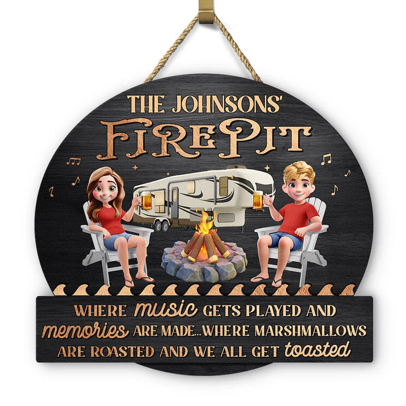 Gift For Couples, Gift For Husband, Gift For Wife, Camping, Campsite, Happy - Camping Firepit Couple Where Music Gets Played - Personalized Custom Shaped Wood Sign