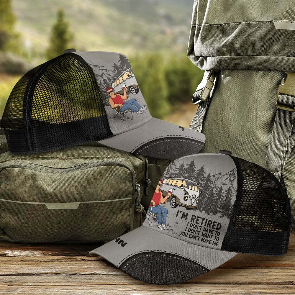 Funny, Retirement, Gift For Husband, Gift For Wife, Parents, Gift For Women, Gift For Yourself, Gift For Men, Camping - Camping I'm Retired I Don't Want To - Personalized Mesh-back Casual Cap