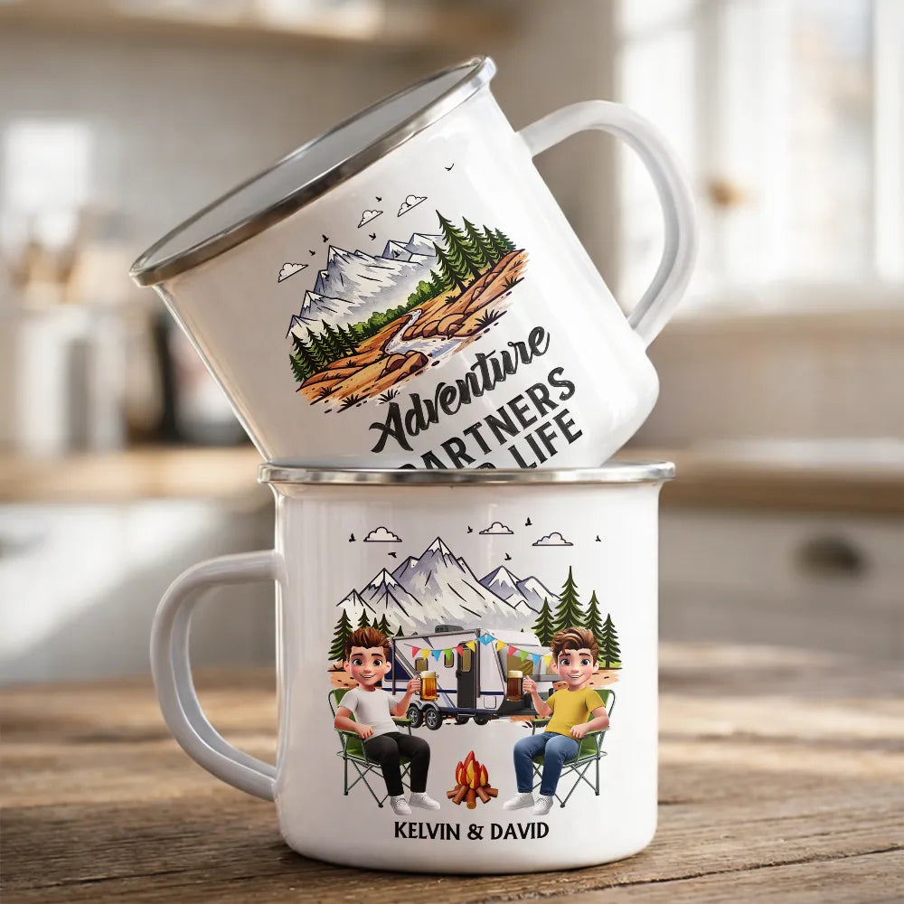 Gift For Couples,Old Couples,Gift For Husband,Gift For Wife,Gift For Boyfriend,Gift For Girlfriend,Happy - Camping Partners For Life - Personalized Enamel Mug