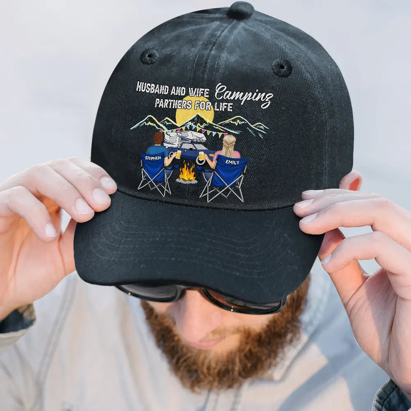 Camping,Campsite,Gift For Couples,Happy,Gift For Husband,Gift For Girlfriend,Gift For Boyfriend,Gift For Wife - Camping Partners For Life - Personalized Vintage Washed Denim Cap