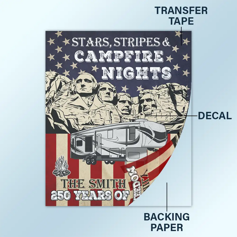 America 250th, Independence Day - Camping Stars Stripes And Campfire Nights - Personalized Decor Decal