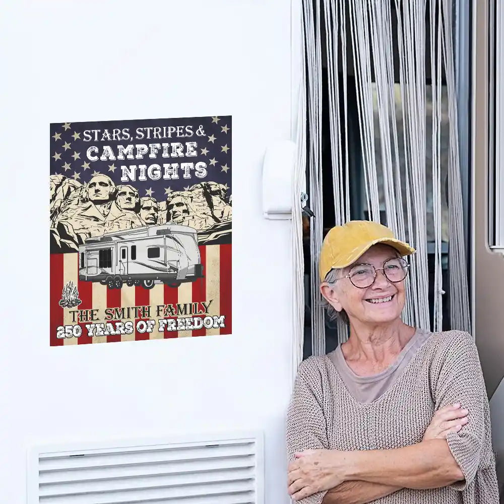 America 250th, Independence Day - Camping Stars Stripes And Campfire Nights - Personalized Decor Decal