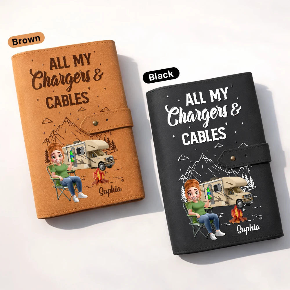 Camping, Gift For Women, Gift For Men, Happy - Camping Woman Man All My Charging Shit - Personalized Leather Cable Bag