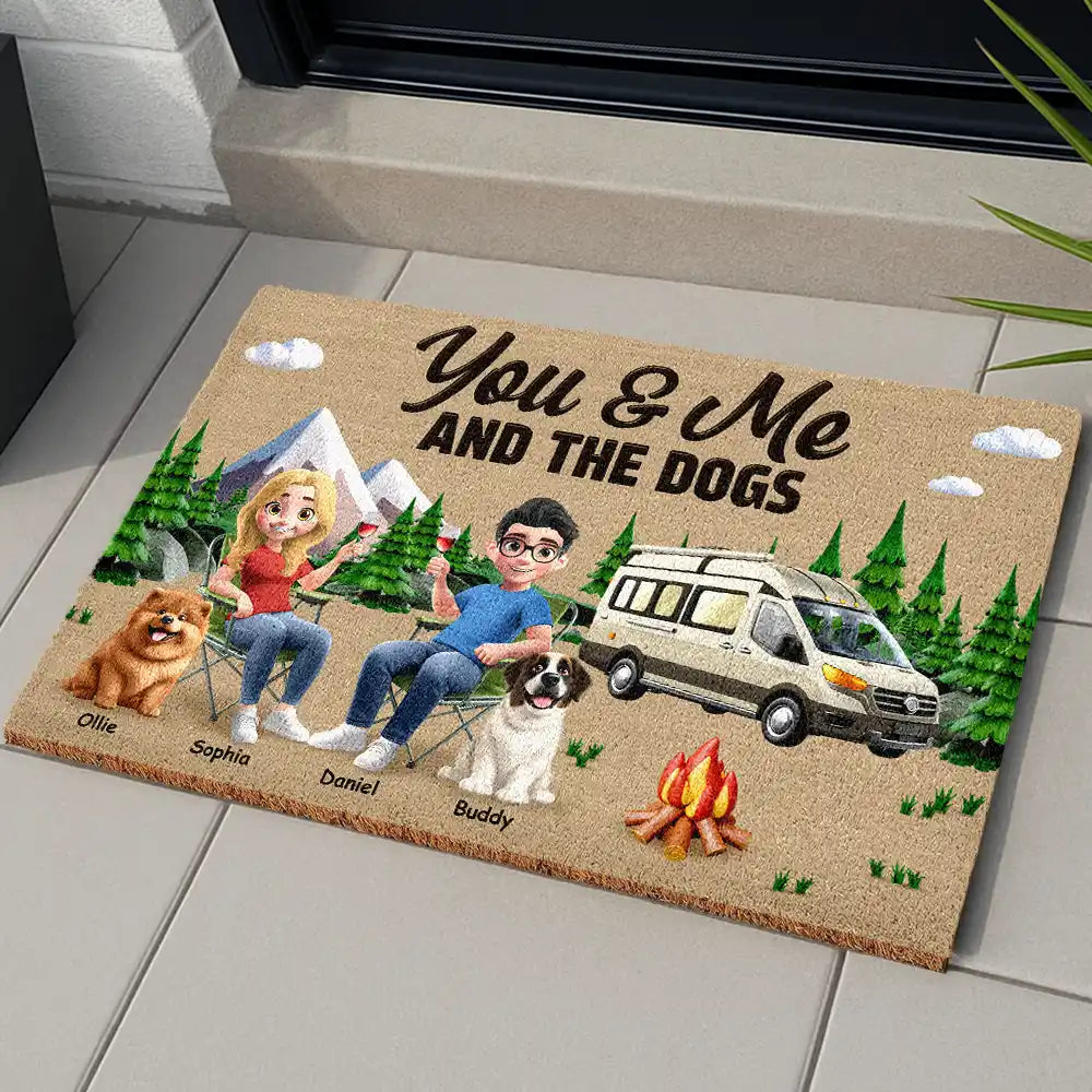 Camping,Campsite,Gift For Couples,Dog Couple,Pet Couple,Couple's Hobby,Happy - Camping You & Me And The Dogs - Personalized Coconut Doormat
