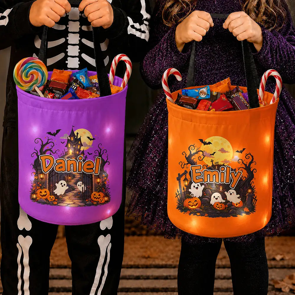Top Market,Adorable,Halloween,Gift For Kids,Icon - Candy Bag For Kids Haunted Places Ghost Custom Name - Personalized Glowing Halloween Basket