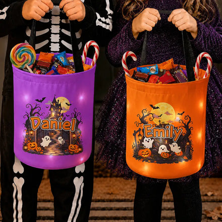 Candy Bag For Kids Haunted Places Ghost Custom Name - Personalized Glowing Halloween Basket