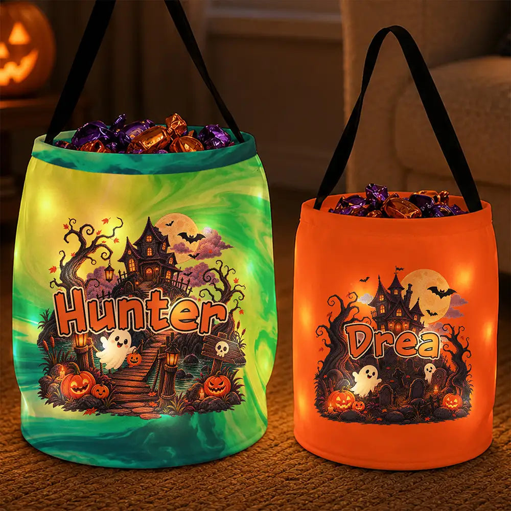 Top Market,Adorable,Halloween,Gift For Kids,Icon - Candy Bag For Kids Haunted Places Ghost Custom Name - Personalized Glowing Halloween Basket