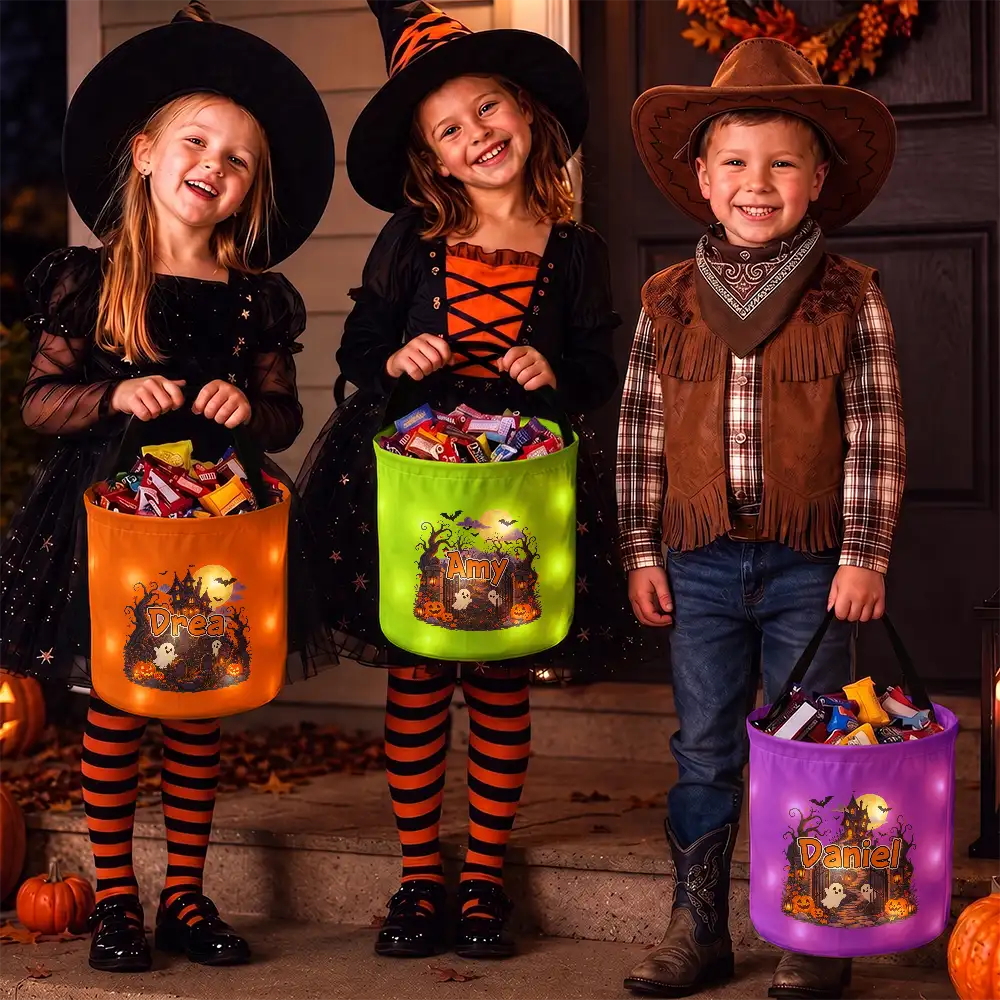 Top Market,Adorable,Halloween,Gift For Kids,Icon - Candy Bag For Kids Haunted Places Ghost Custom Name - Personalized Glowing Halloween Basket