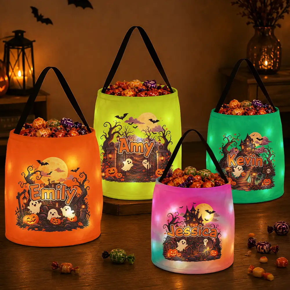 Top Market,Adorable,Halloween,Gift For Kids,Icon - Candy Bag For Kids Haunted Places Ghost Custom Name - Personalized Glowing Halloween Basket