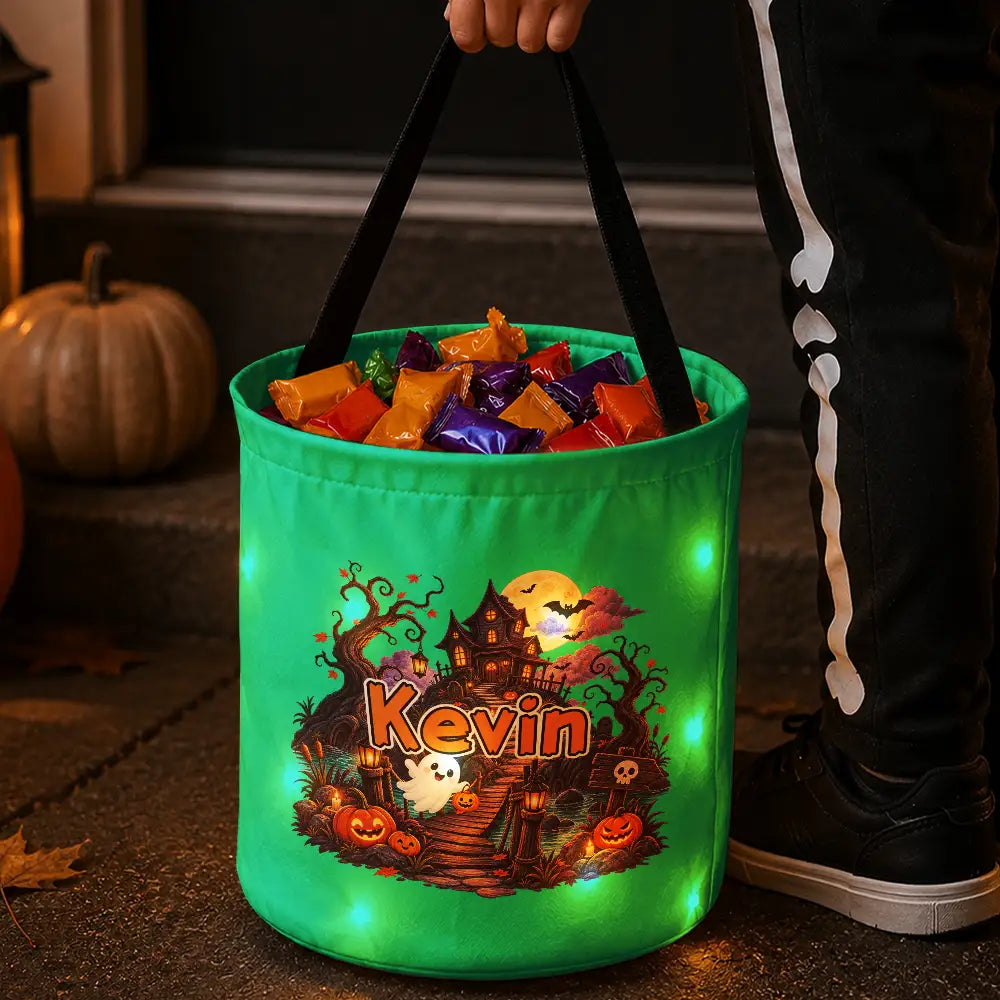 Top Market,Adorable,Halloween,Gift For Kids,Icon - Candy Bag For Kids Haunted Places Ghost Custom Name - Personalized Glowing Halloween Basket