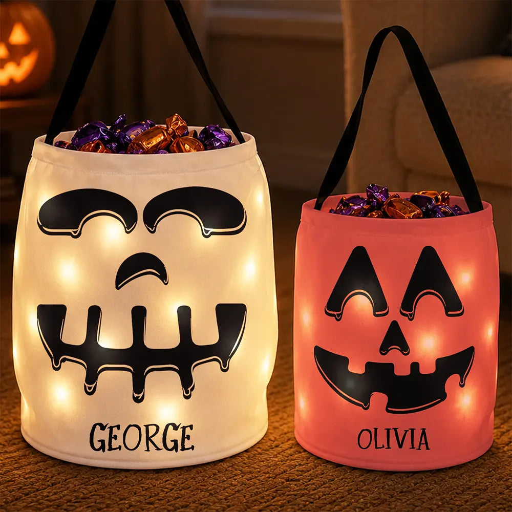 Top Market,Playful,Halloween,Gift For Kids,Icon - Candy Bag For Kids Scary Pumpkin Face Custom Name - Personalized Glowing Halloween Basket