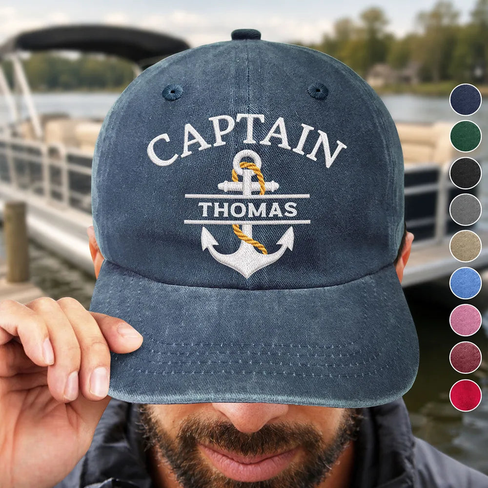 Pontoon, Confident, Gift For Men, Gift For Yourself, Outdoor Decor, Icon - Captain First Mate Sailing Boat - Personalized Vintage Washed Denim Cap