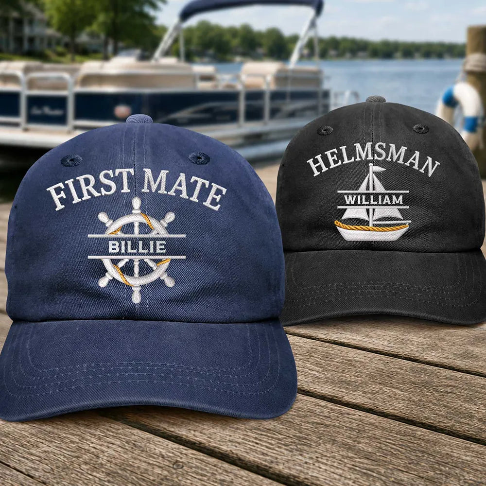 Pontoon, Confident, Gift For Men, Gift For Yourself, Outdoor Decor, Icon - Captain First Mate Sailing Boat - Personalized Vintage Washed Denim Cap