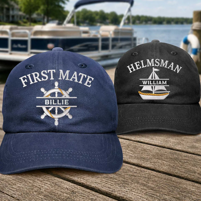 Pontoon, Confident, Gift For Men, Gift For Yourself, Outdoor Decor, Icon - Captain First Mate Sailing Boat - Personalized Vintage Washed Denim Cap