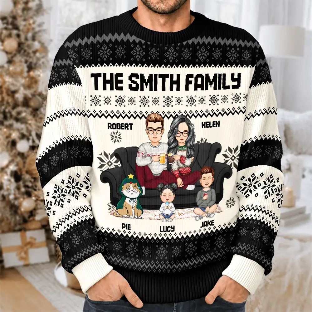 Gift For Couples, Pet Couple - Cartoon Couple With Kids And Pets - Personalized Unisex Ugly Sweater