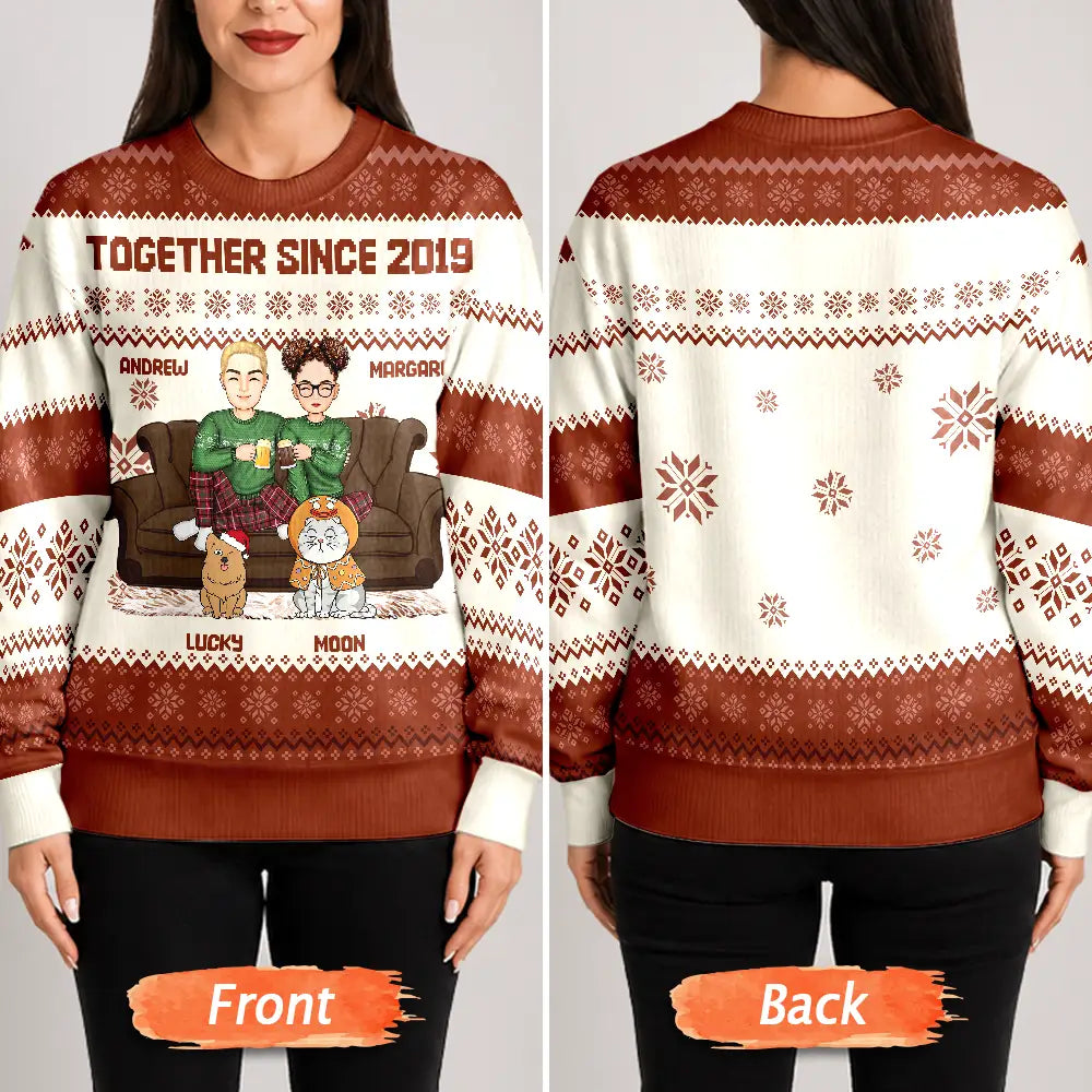 Gift For Couples, Pet Couple - Cartoon Couple With Kids And Pets - Personalized Unisex Ugly Sweater