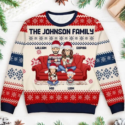 Cartoon Couple With Kids And Pets - Personalized Unisex Ugly Sweater
