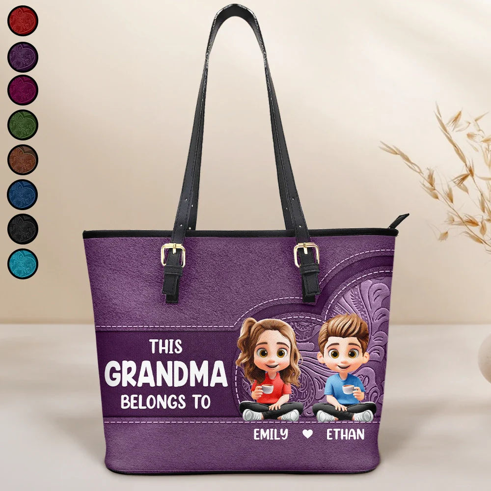 Gift For Mother,Gift For Grandma,Love,Gift For Wife - Cartoon Kid This Grandma Belongs To - Personalized Leather Tote Bag
