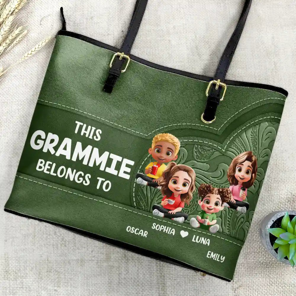 Gift For Mother,Gift For Grandma,Love,Gift For Wife - Cartoon Kid This Grandma Belongs To - Personalized Leather Tote Bag
