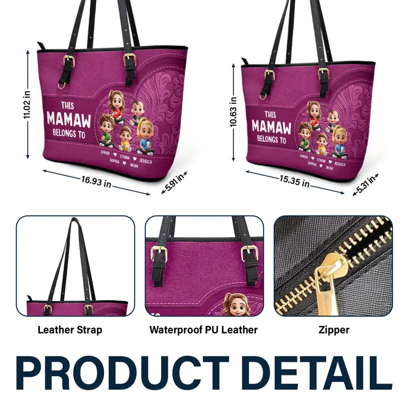 Gift For Mother,Gift For Grandma,Love,Gift For Wife - Cartoon Kid This Grandma Belongs To - Personalized Leather Tote Bag
