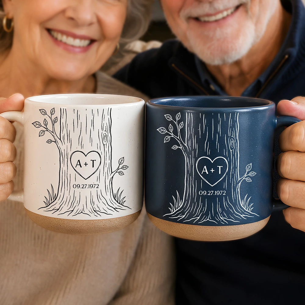 Top Market,Romantic,Gift For Couples,Icon - Carved Initials In A Heart Tree Couple - Personalized Pottery Mug