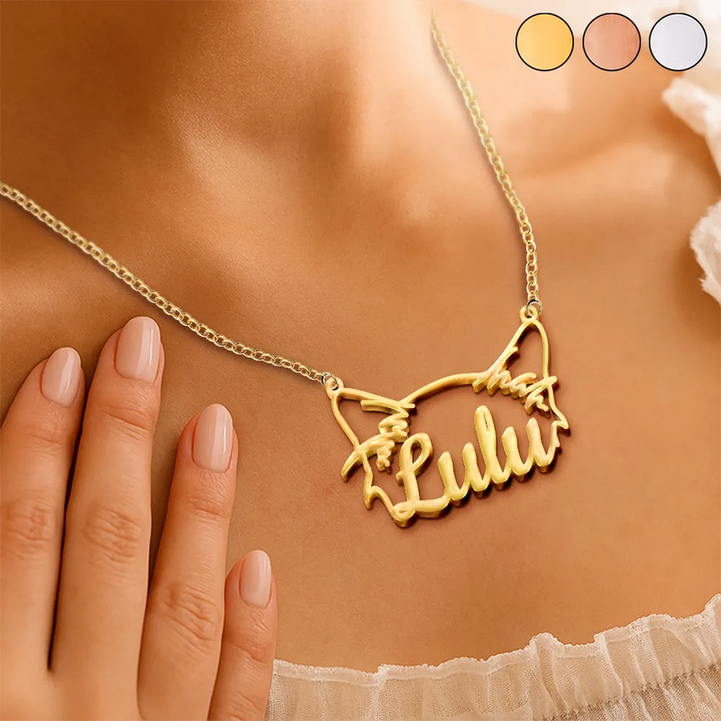 Cat Lovers,Cat Mom,Pet Lovers,Pet Mom,Love - Cat Ears Line Art With Custom Name - Personalized Letter Necklace