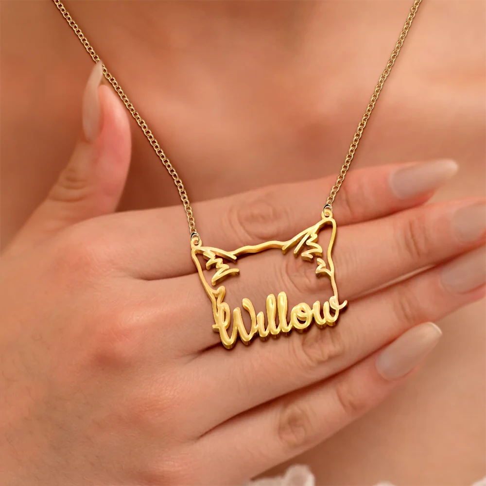 Cat Lovers,Cat Mom,Pet Lovers,Pet Mom,Love - Cat Ears Line Art With Custom Name - Personalized Letter Necklace