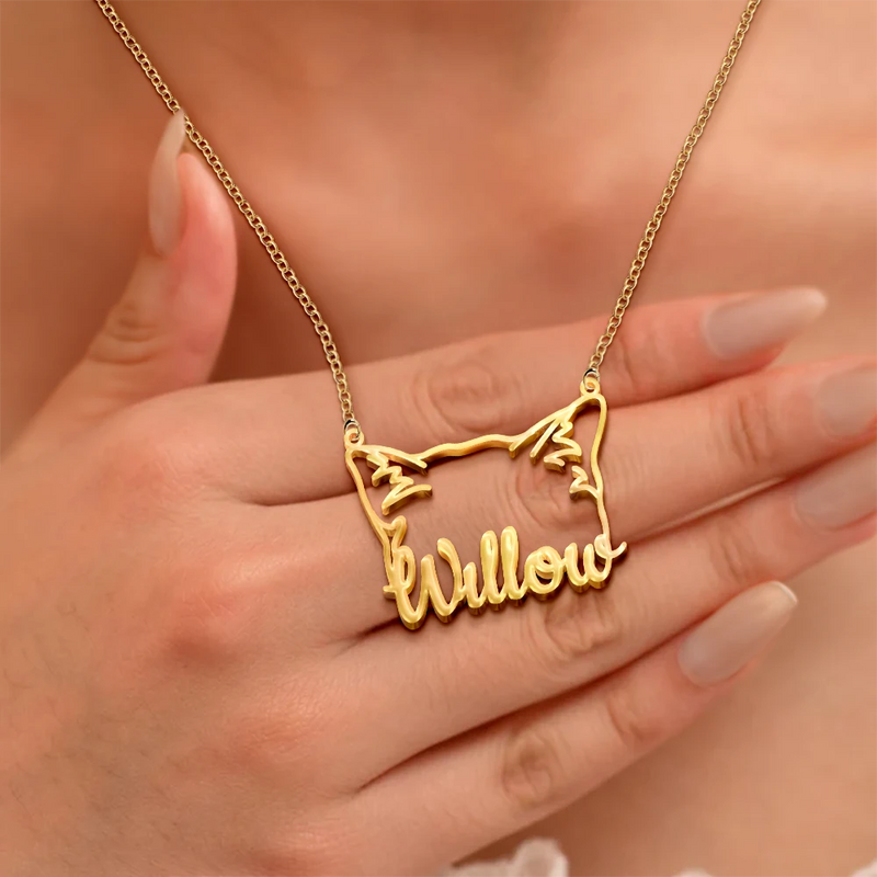 Cat Lovers,Cat Mom,Pet Lovers,Pet Mom,Love - Cat Ears Line Art With Custom Name - Personalized Letter Necklace