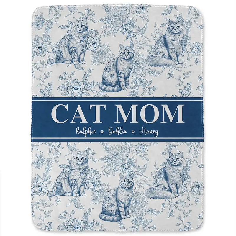 Cat Lovers,Cat Mom,Gift For Women,Gift For Yourself,Christmas,Happy - Cat Mom Chinoiserie Toile Cat - Personalized Fleece Blanket, Sherpa Blanket