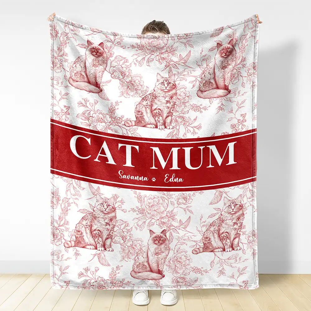 Cat Lovers,Cat Mom,Gift For Women,Gift For Yourself,Christmas,Happy - Cat Mom Chinoiserie Toile Cat - Personalized Fleece Blanket, Sherpa Blanket