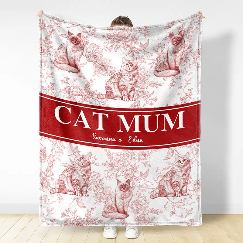 Cat Lovers,Cat Mom,Gift For Women,Gift For Yourself,Christmas,Happy - Cat Mom Chinoiserie Toile Cat - Personalized Fleece Blanket, Sherpa Blanket