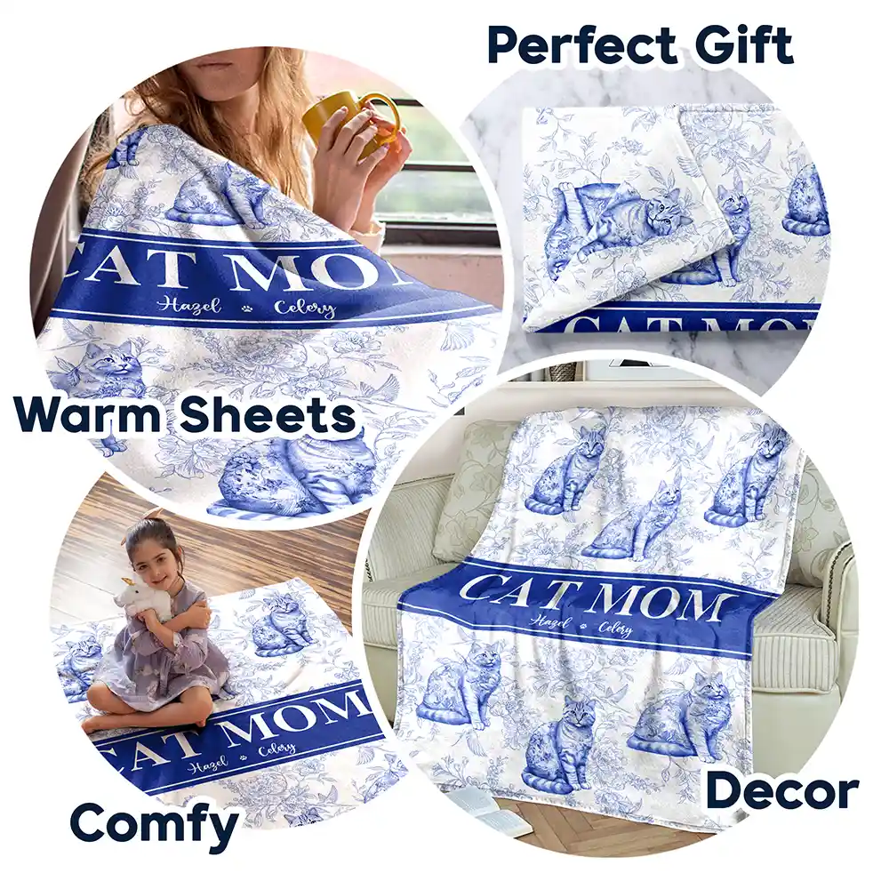 Cat Lovers,Cat Mom,Gift For Women,Gift For Yourself,Christmas,Happy - Cat Mom Chinoiserie Toile Cat - Personalized Fleece Blanket, Sherpa Blanket