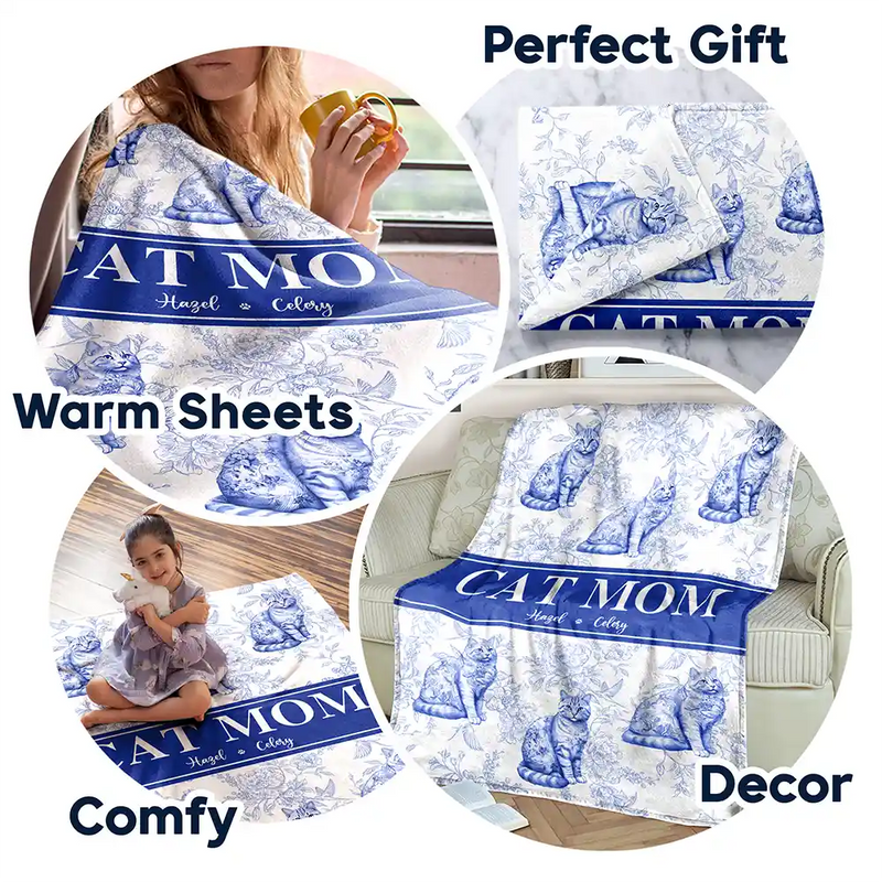 Cat Lovers,Cat Mom,Gift For Women,Gift For Yourself,Christmas,Happy - Cat Mom Chinoiserie Toile Cat - Personalized Fleece Blanket, Sherpa Blanket