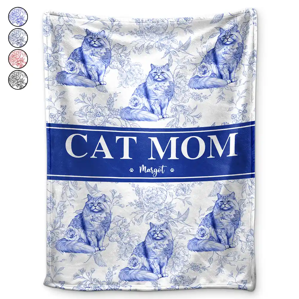 Cat Mom Chinoiserie Toile Cat - Personalized Fleece Blanket, Sherpa Blanket