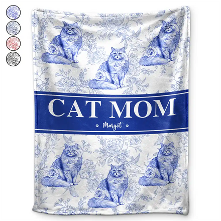 Cat Mom Chinoiserie Toile Cat - Personalized Fleece Blanket, Sherpa Blanket