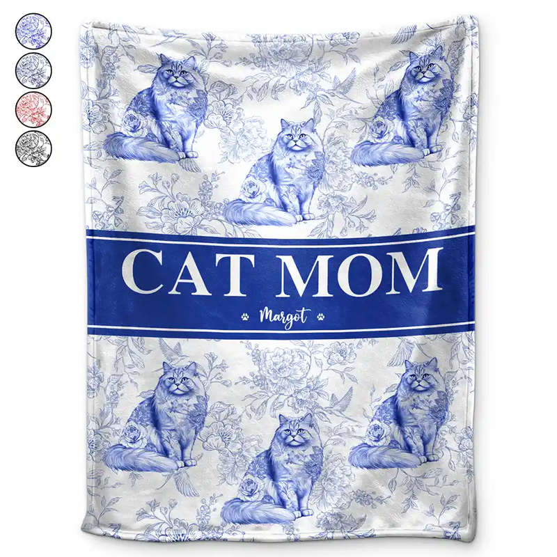 Cat Lovers,Cat Mom,Gift For Women,Gift For Yourself,Christmas,Happy - Cat Mom Chinoiserie Toile Cat - Personalized Fleece Blanket, Sherpa Blanket