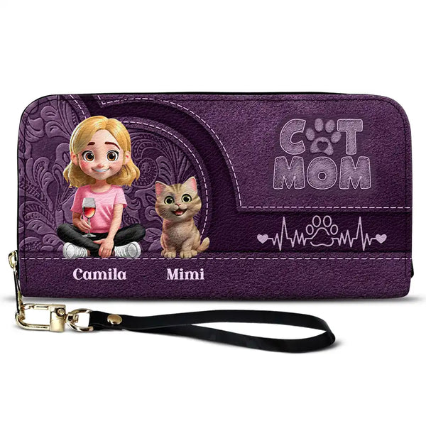 Cat Mom, Cat Lovers, Happy - Cat Mom Mum 3D Effect - Personalized Leather Long Wallet