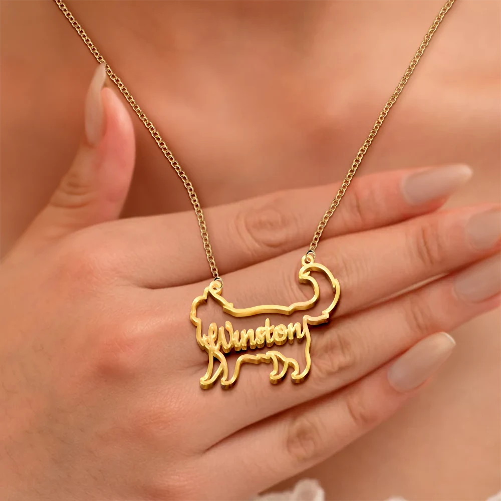 Cat Lovers,Cat Mom,Pet Lovers,Pet Mom,Love - Cat Shaped Line Art With Custom Name - Personalized Letter Necklace
