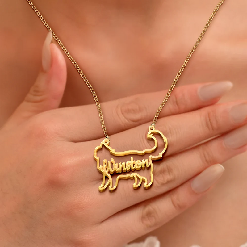 Cat Lovers,Cat Mom,Pet Lovers,Pet Mom,Love - Cat Shaped Line Art With Custom Name - Personalized Letter Necklace
